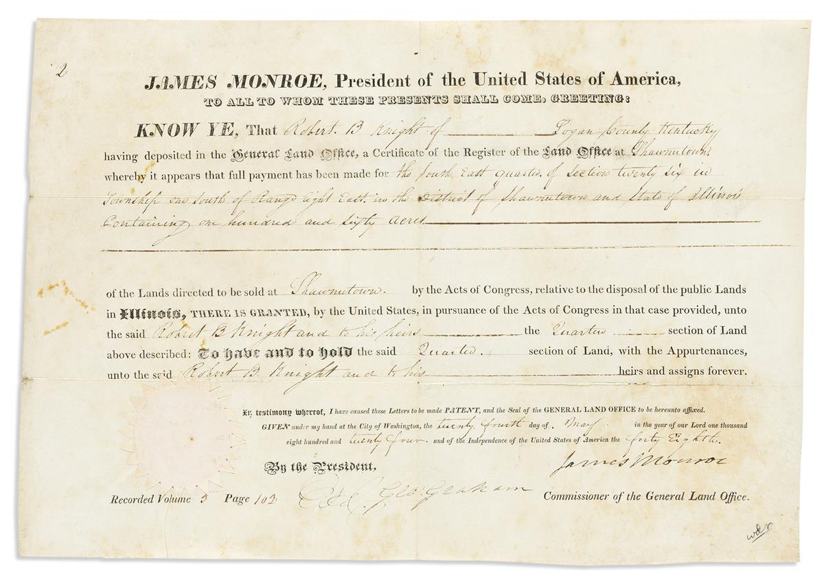 MONROE, JAMES. Three partly-printed vellum Documents Signed, as President, each granting land to various parties.